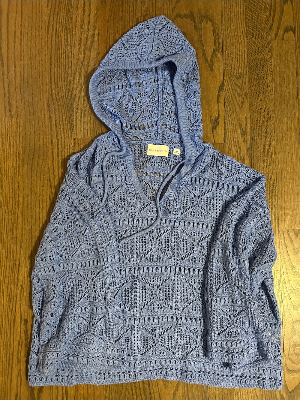 (Med) Mia & Tess Light Blue Crochet Hoodie Sweater - Women